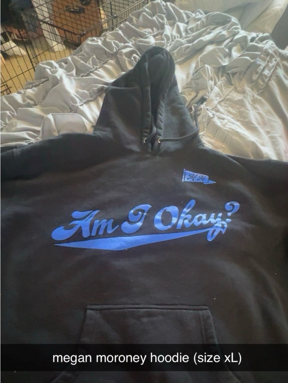 Black Hoodie with Blue 'Am I Okay?' Graphic - Megan Moroney Style